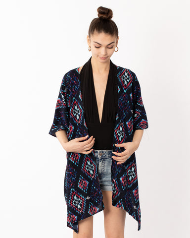 Blue Aztec Tile Print Cotton Long Kimono Cardigan Top