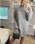 Super Soft Fine Knit Plain Color Funnel Neck Long Jumper Dress in grey