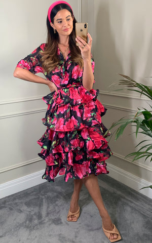 Floral Print Ruffl Multi Layer Hem design Dress in Pink
