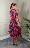Floral Print Ruffl Multi Layer Hem design Dress in Pink
