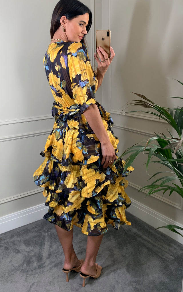 Floral Print Ruffl Multi Layer Hem design Dress in Yellow