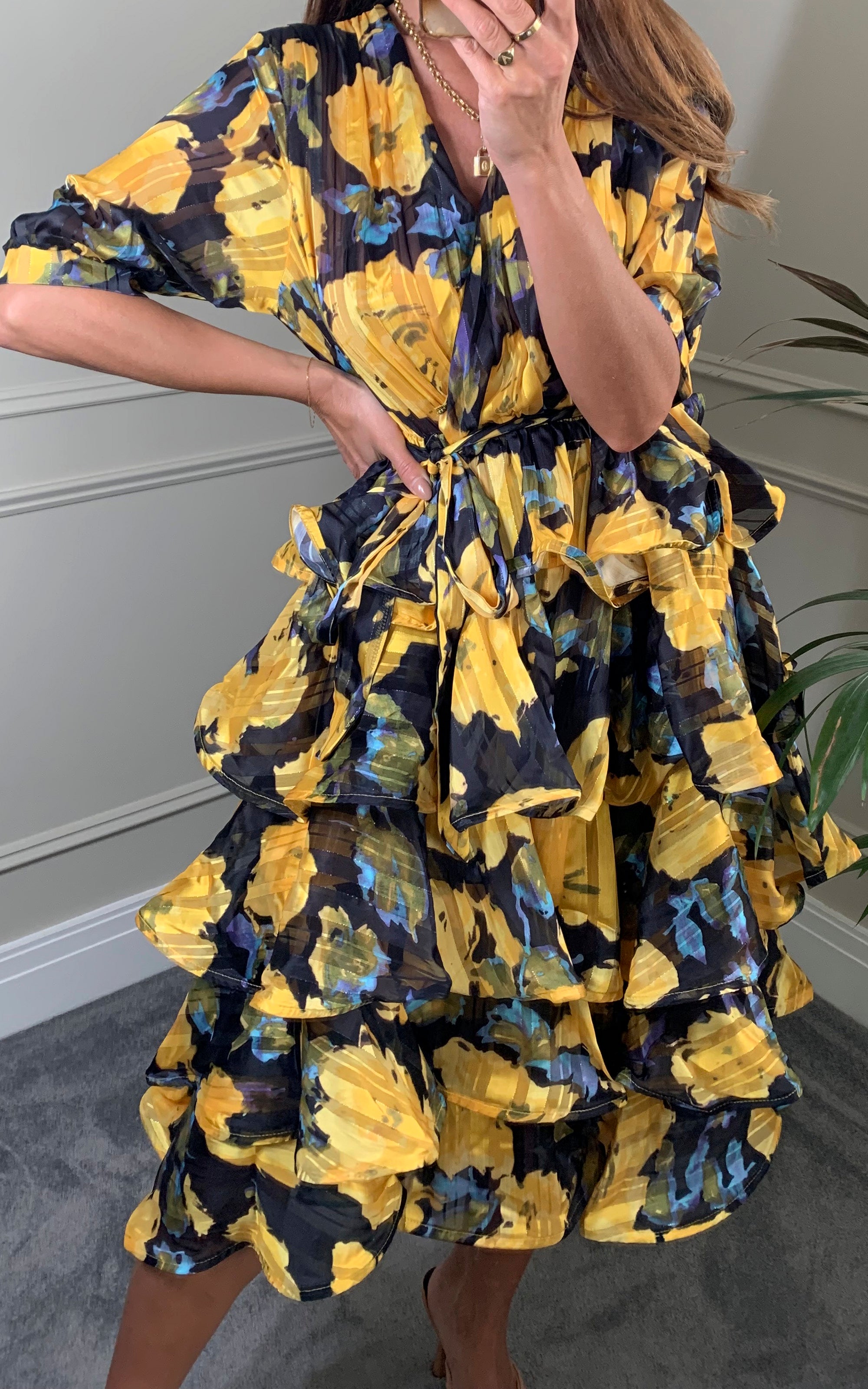 Floral Print Ruffl Multi Layer Hem design Dress in Yellow