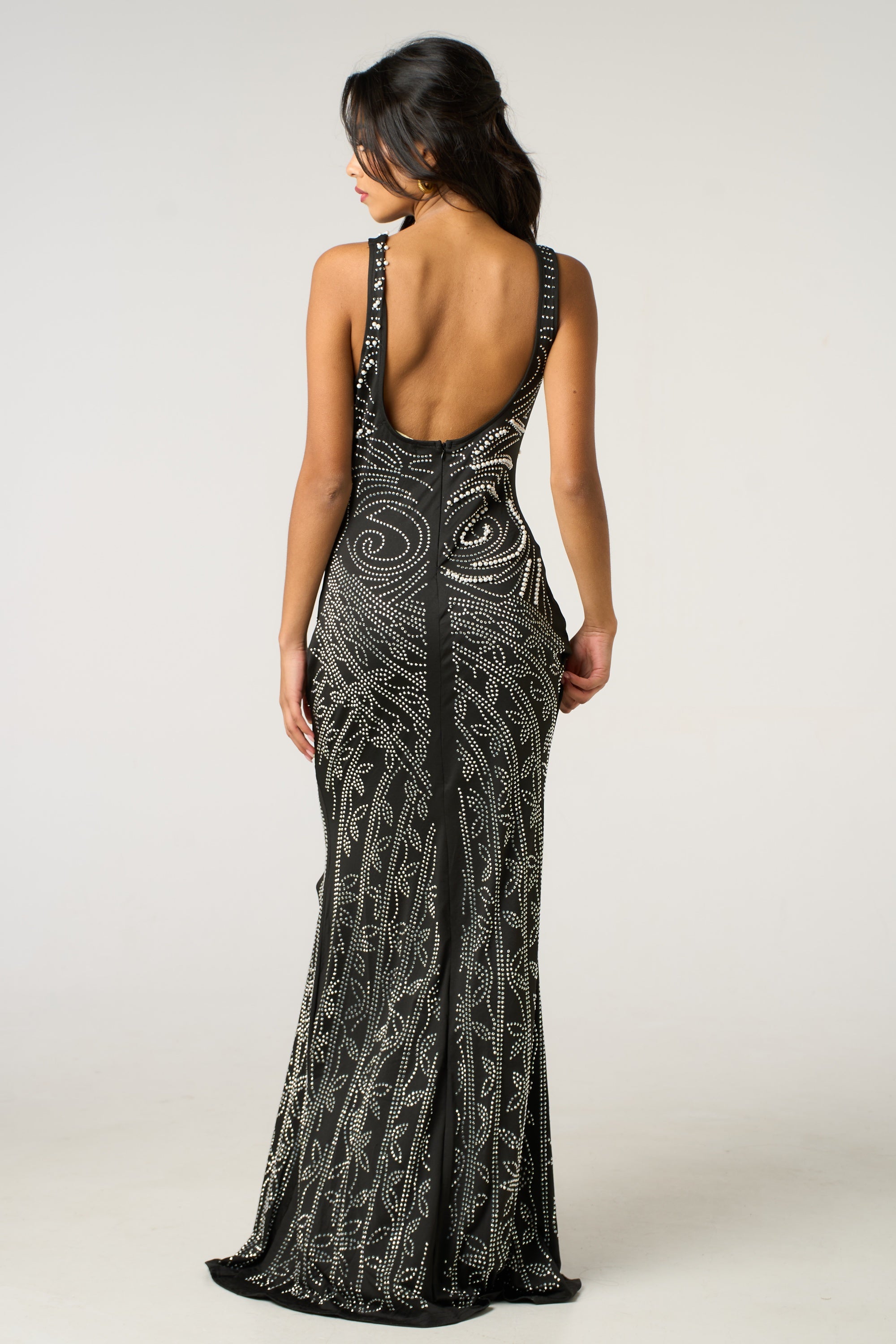 Multi Diamond and Pearl Embellished Open Back Maxi Dress CYLONDON Multi Diamond and Pearl Embellished Open Back Maxi Dress CYLONDON