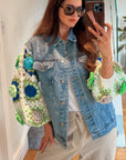 Handknit Floral Patten Sleeves Denim Jacket in Green