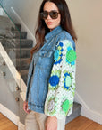 Handknit Floral Patten Sleeves Denim Jacket in Green