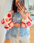 Handknit Floral Patten Sleeves Denim Jacket in Pink