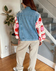 Handknit Floral Patten Sleeves Denim Jacket in Pink