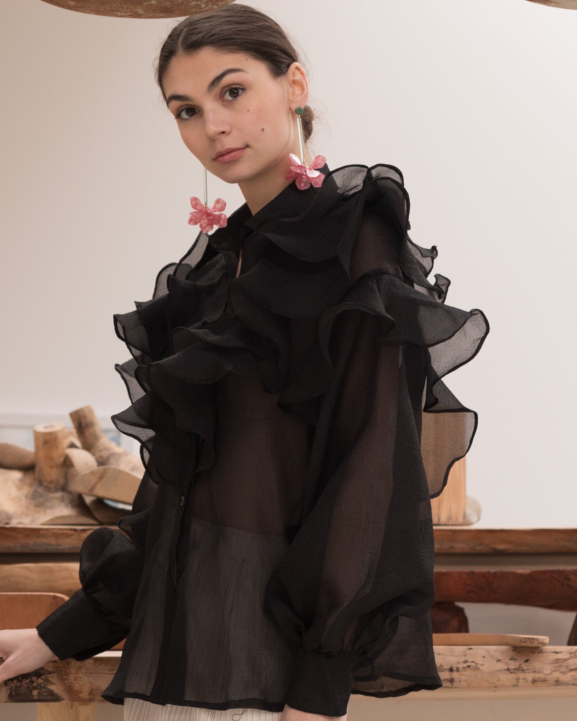 Multi Layer ruffles design sheer organza  shirt in black