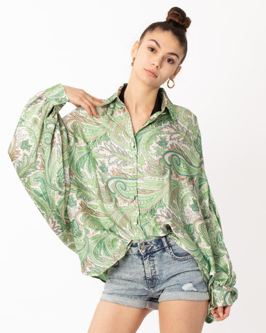 Oversized Long Sleeve Shirt in Green Paisley Scarf print