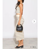 Knitted stripe print vest top and midi skirt co-ords set in beige