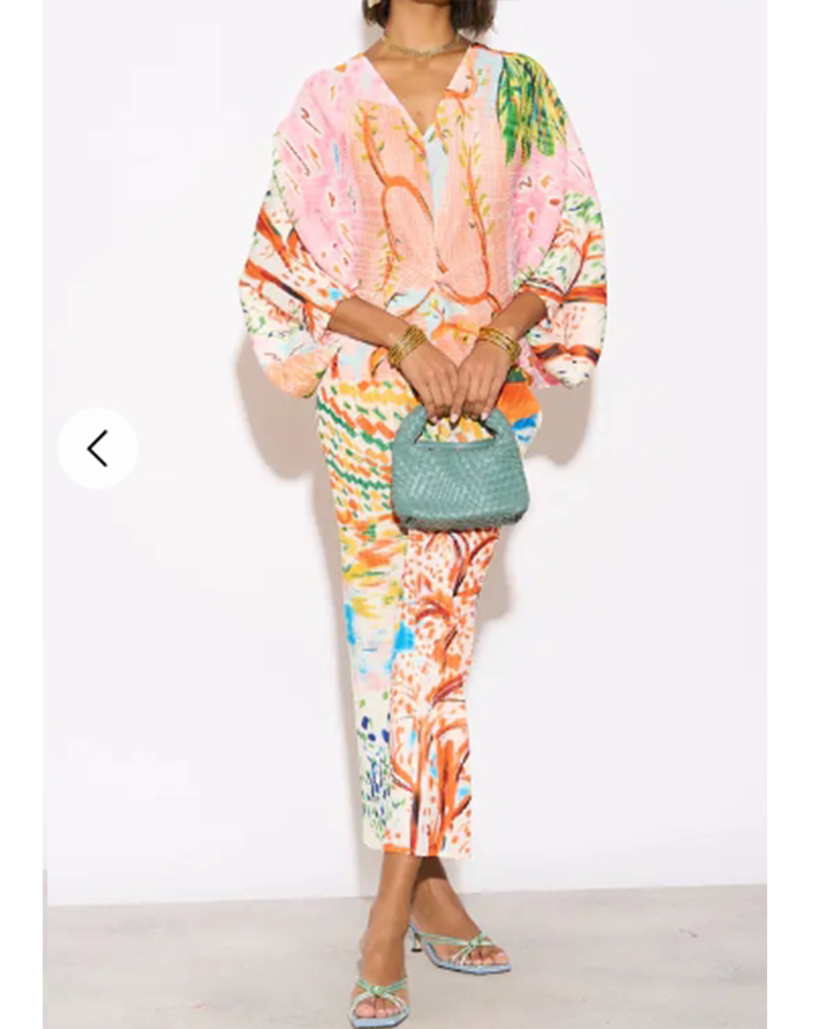 Leaves and Floral Scarf Pirnt Pleated Dress in Kimono sleeves in pink ...