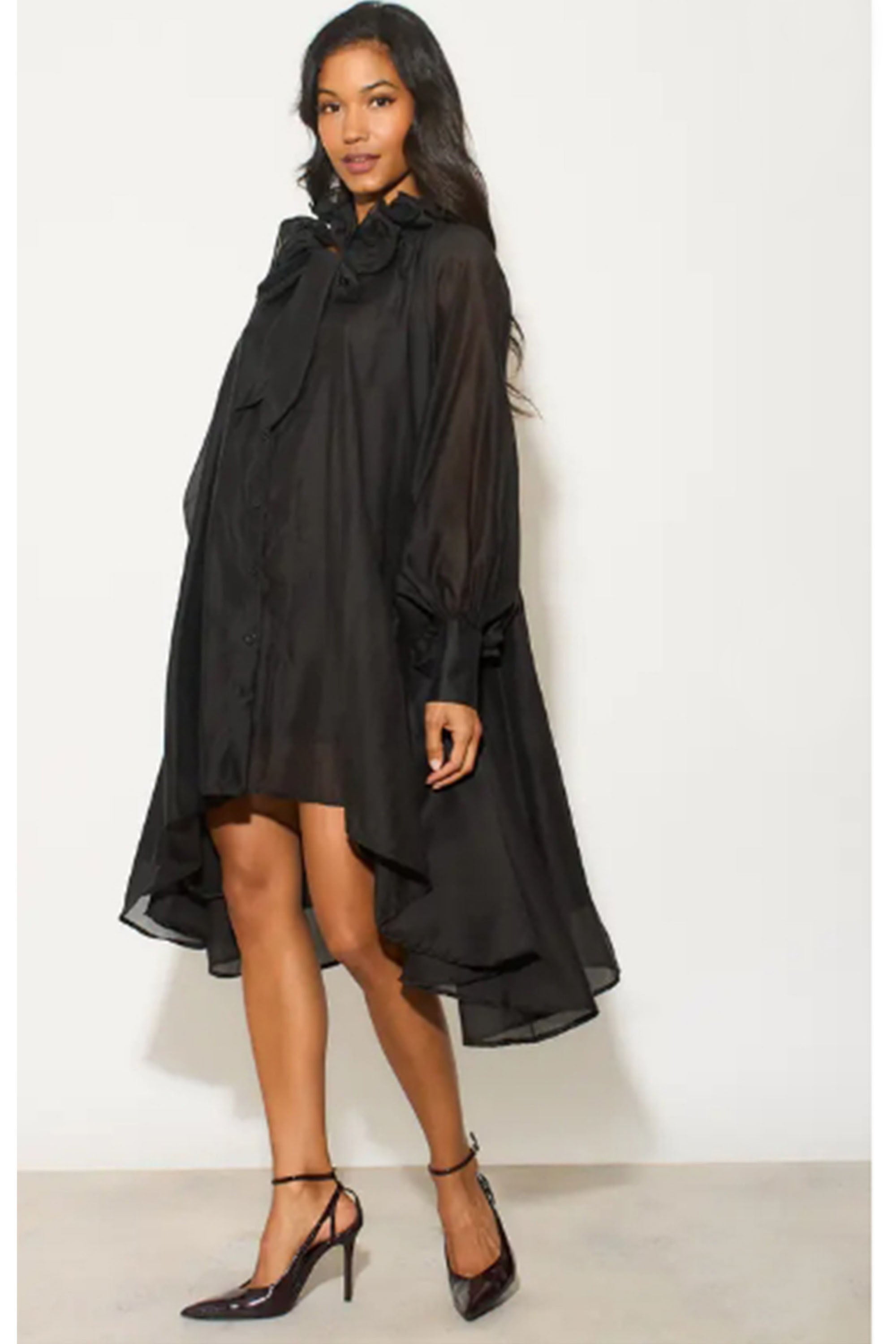 Ruffle Tie Neck Oversized Midi Dress In Black