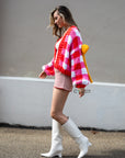 Red White Checked Print Pattern with Big Bow design Hand Knit Cardigan