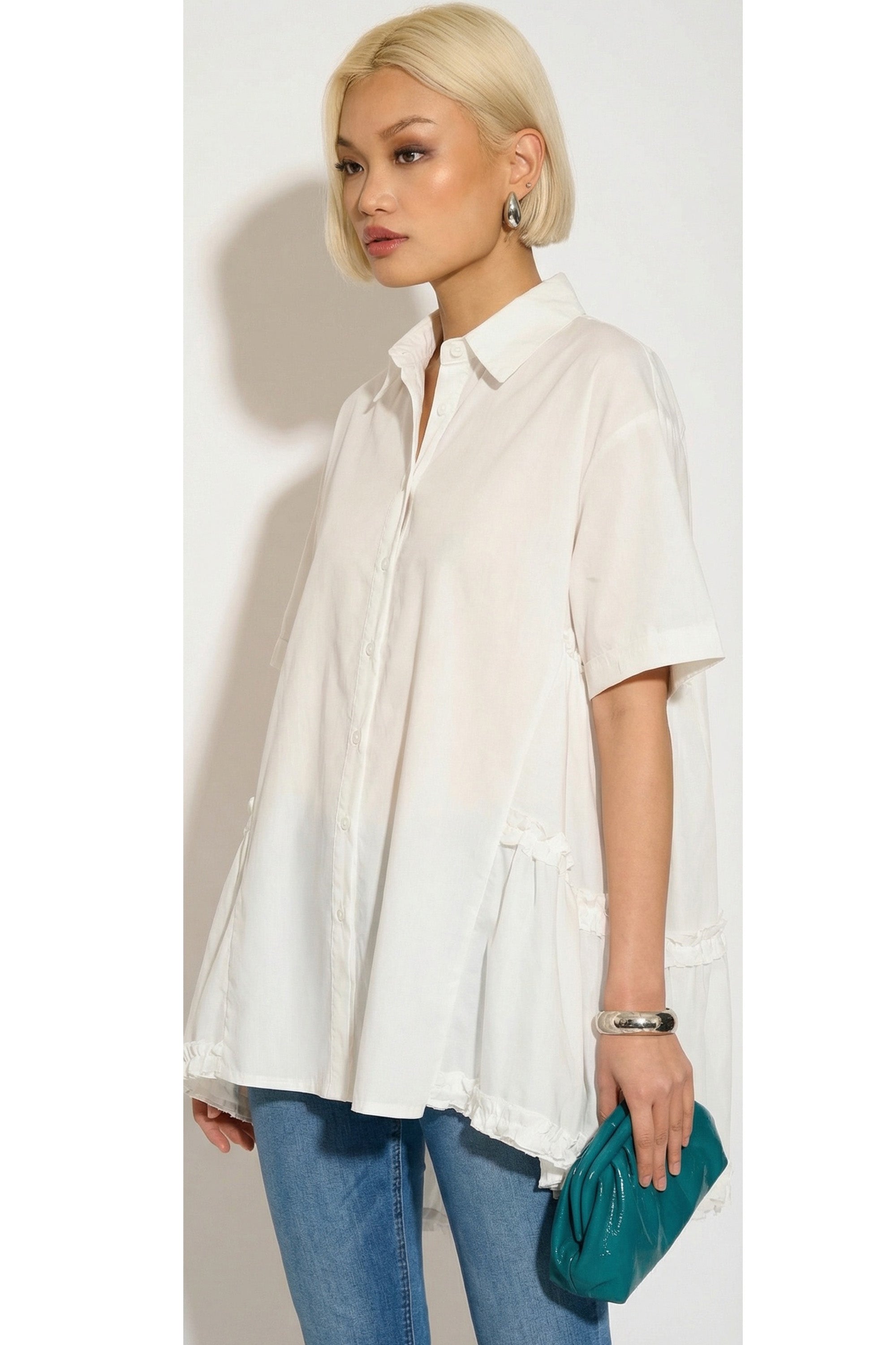 Oversized Short Sleeve Shirt with Frill Detail on Sides in White