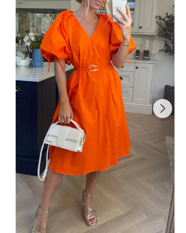 Oversized puff sleeve midi dress in Orange