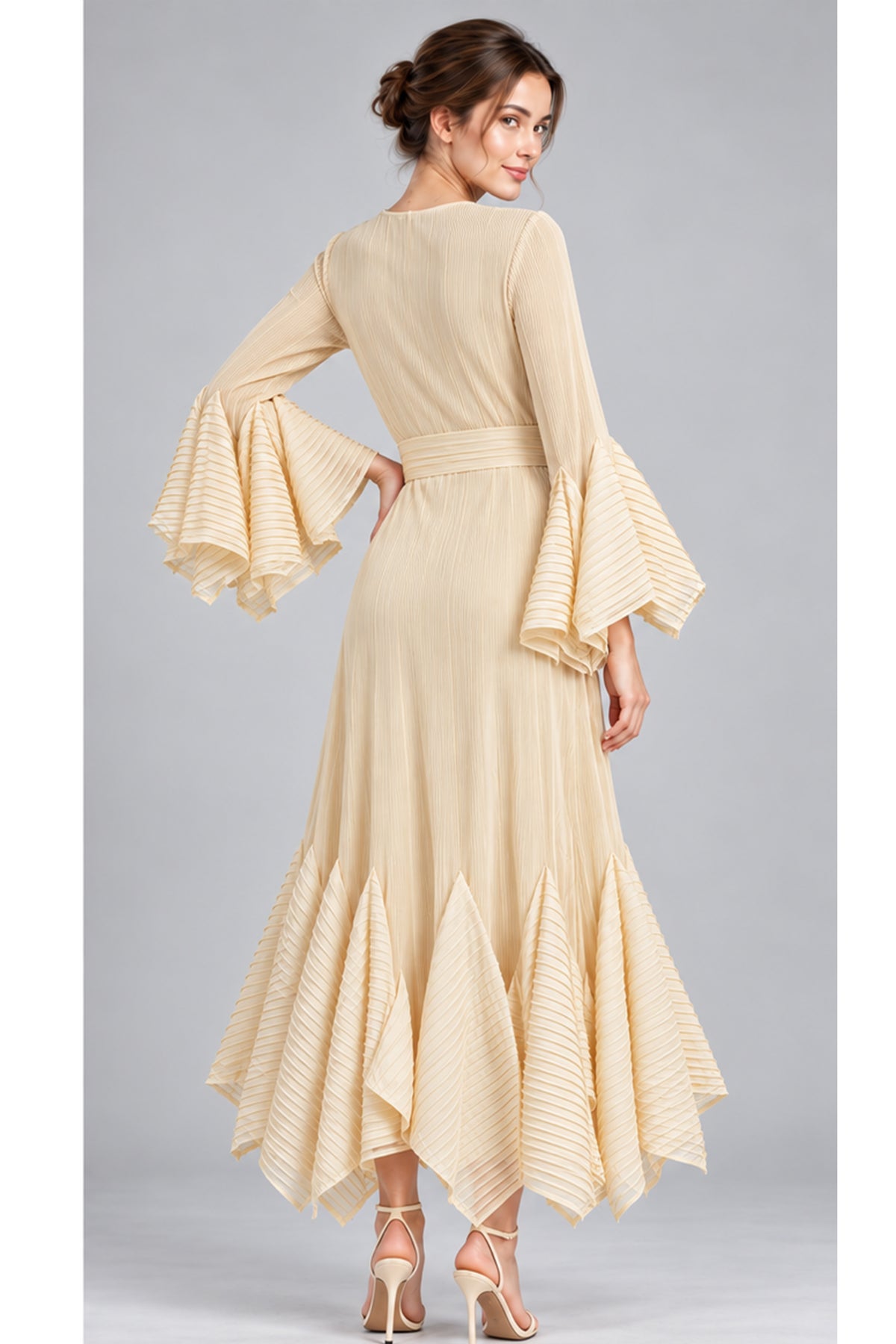 Pleated Fluted Sleeve Handkerchief Hem Maxi Dress with Belt in Cream