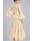 Pleated Fluted Sleeve Handkerchief Hem Maxi Dress with Belt in Cream