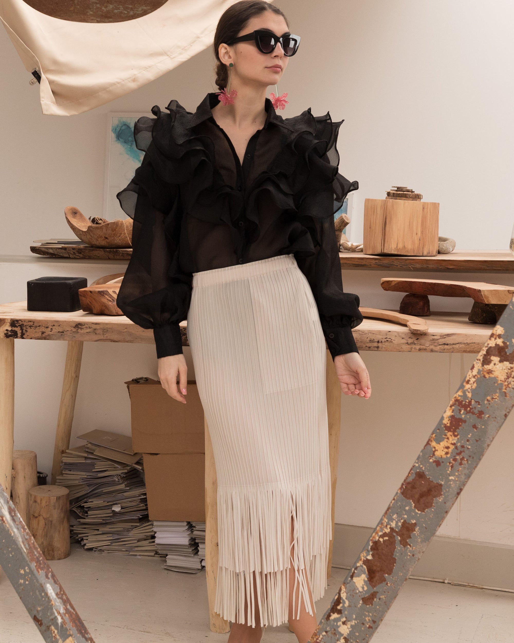 Multi Layer ruffles design sheer organza  shirt in black