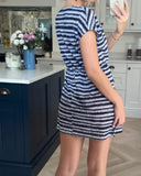 Short Sleeve V Neck Mini Dress In Black Stripe