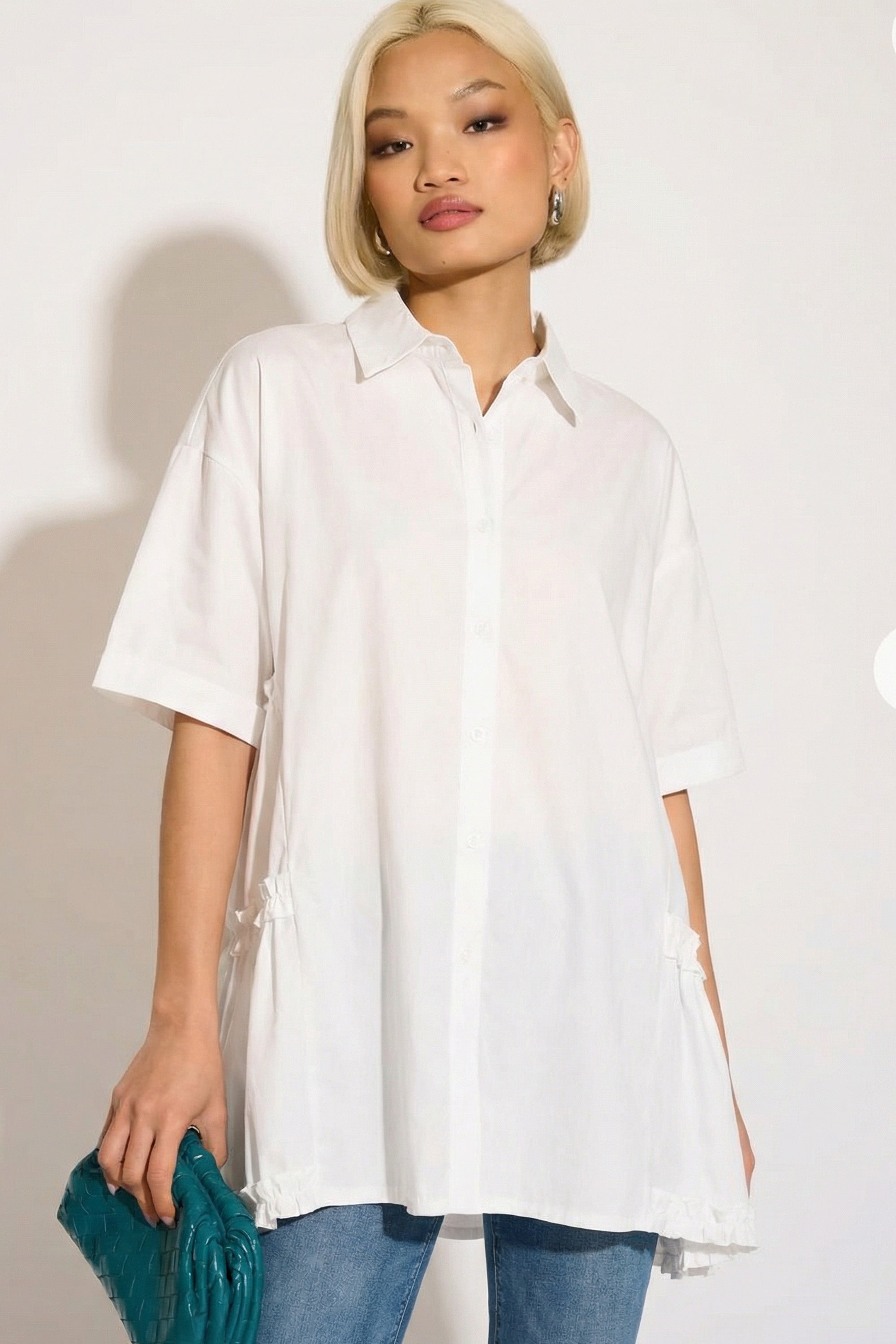 Oversized Short Sleeve Shirt with Frill Detail on Sides in White