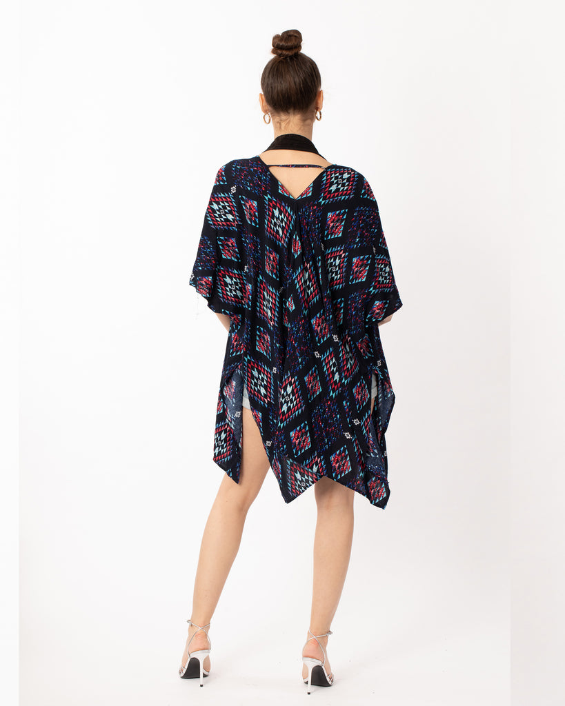 Blue Aztec Tile Print Cotton Long Kimono Cardigan Top