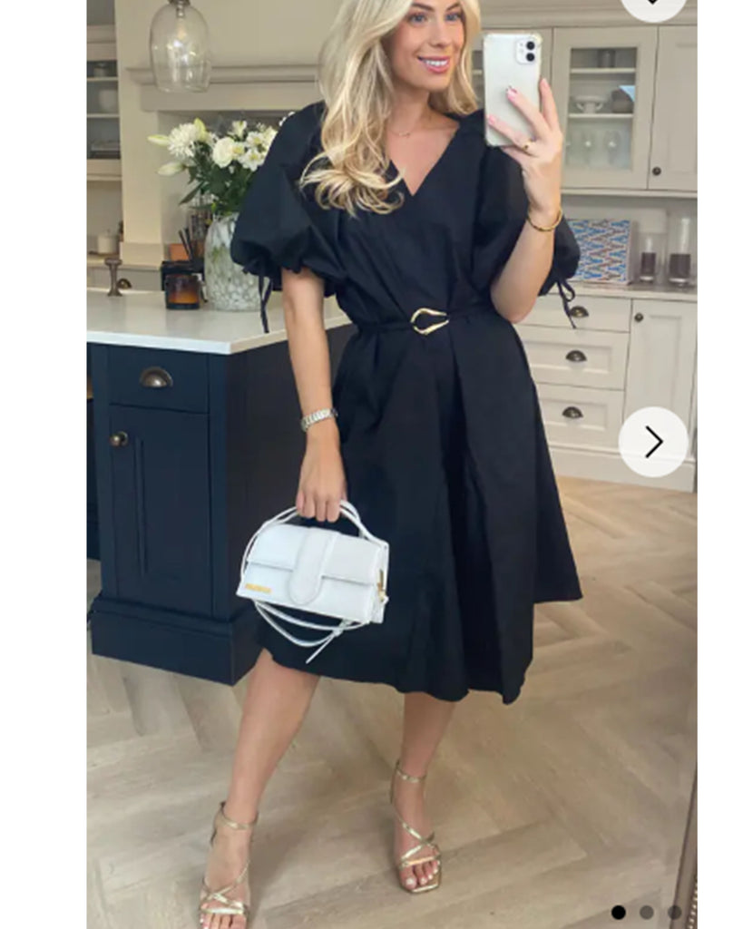 Oversized puff sleeve midi dress in Black