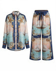 Ocean Treasure Print Shirt & Wide-Leg Trousers Suits In Blue
