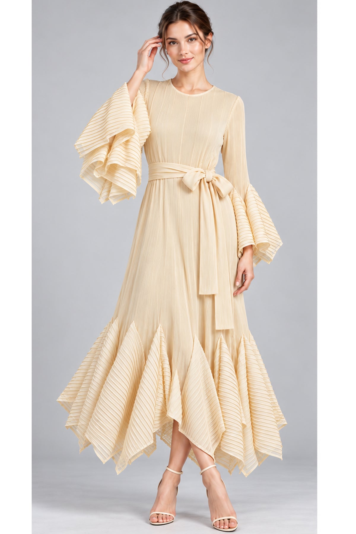 Pleated Fluted Sleeve Handkerchief Hem Maxi Dress with Belt in Cream