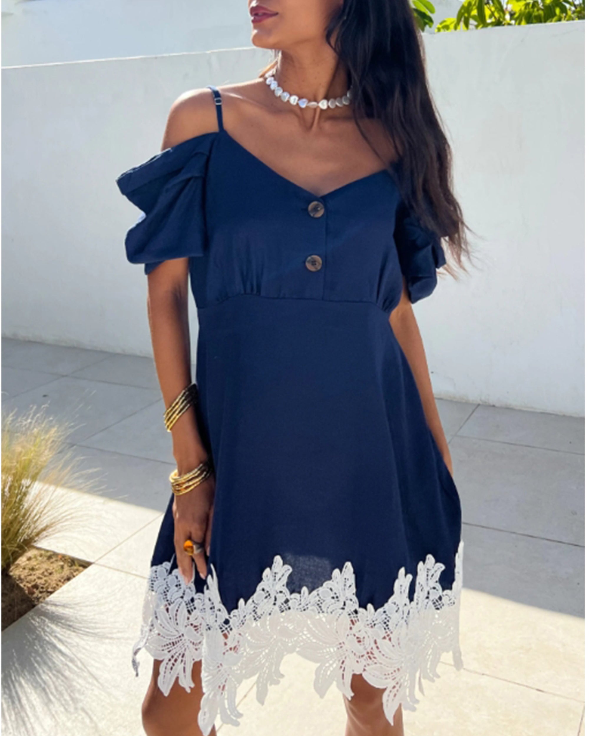 Floral Crochet Lace hem ccold shoulder dress