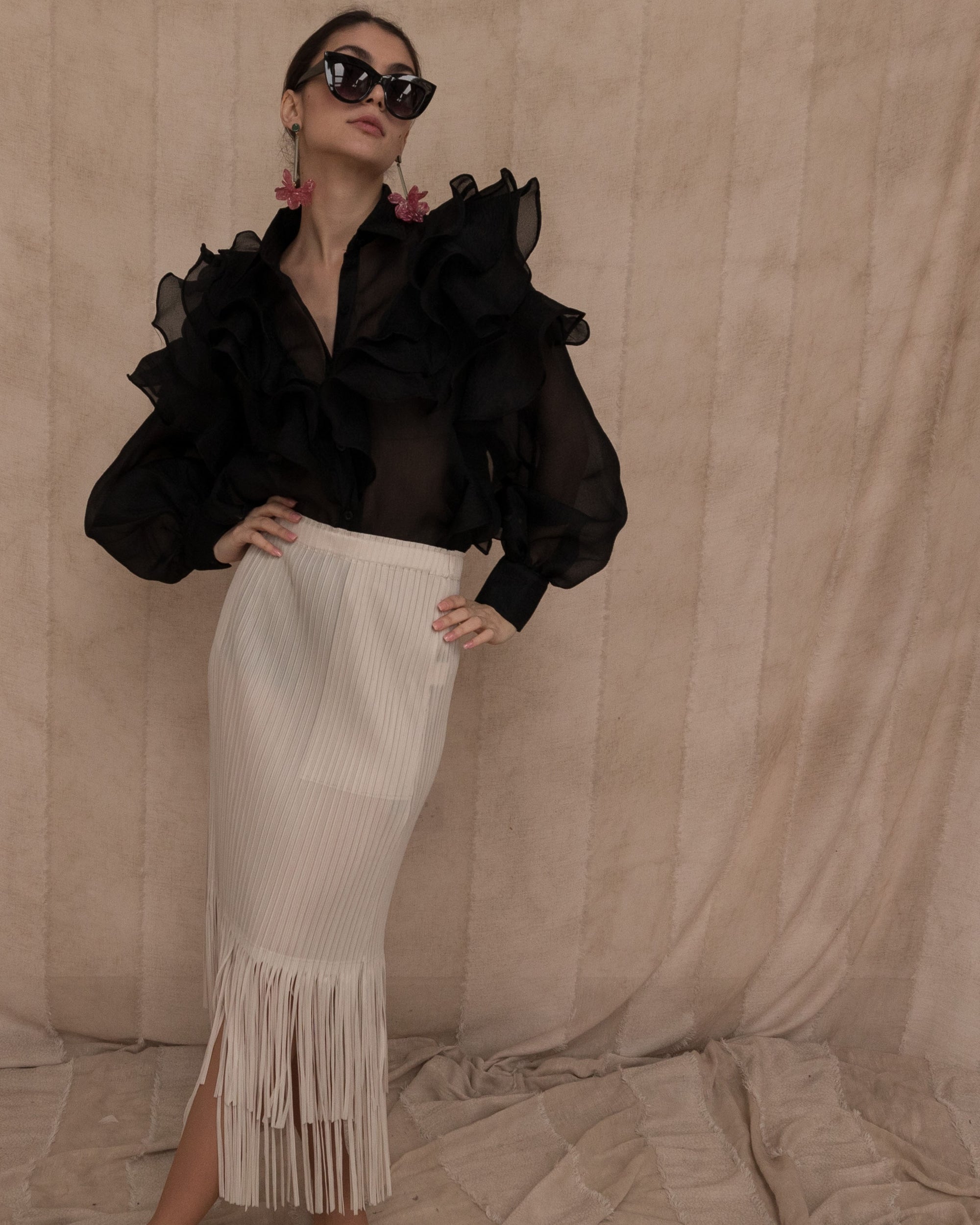 Multi Layer ruffles design sheer organza  shirt in black