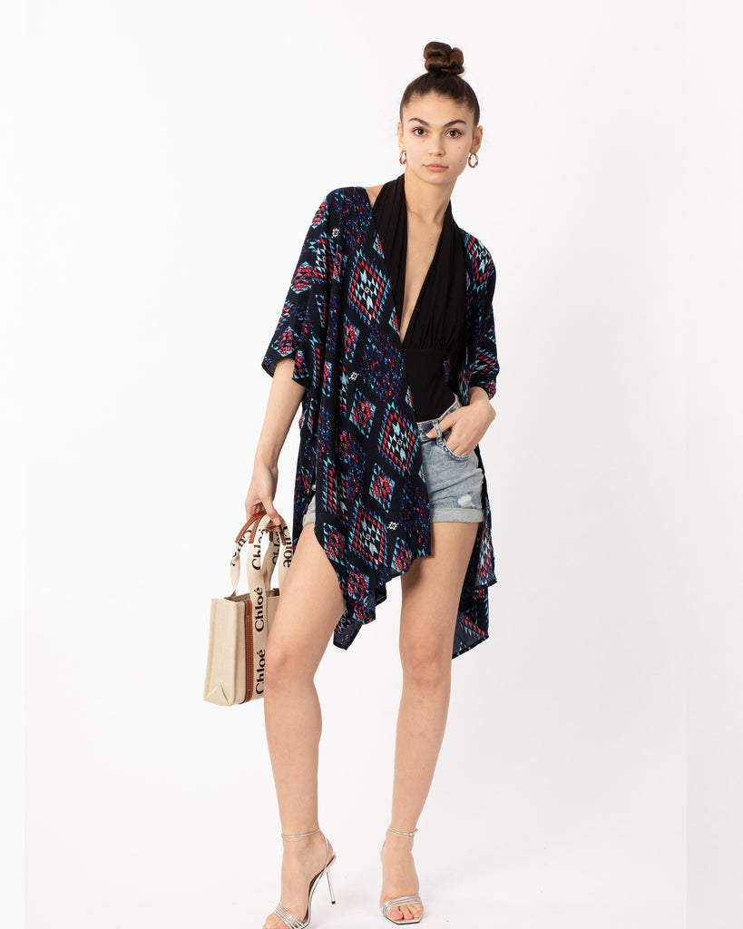 Blue Aztec Tile Print Cotton Long Kimono Cardigan Top