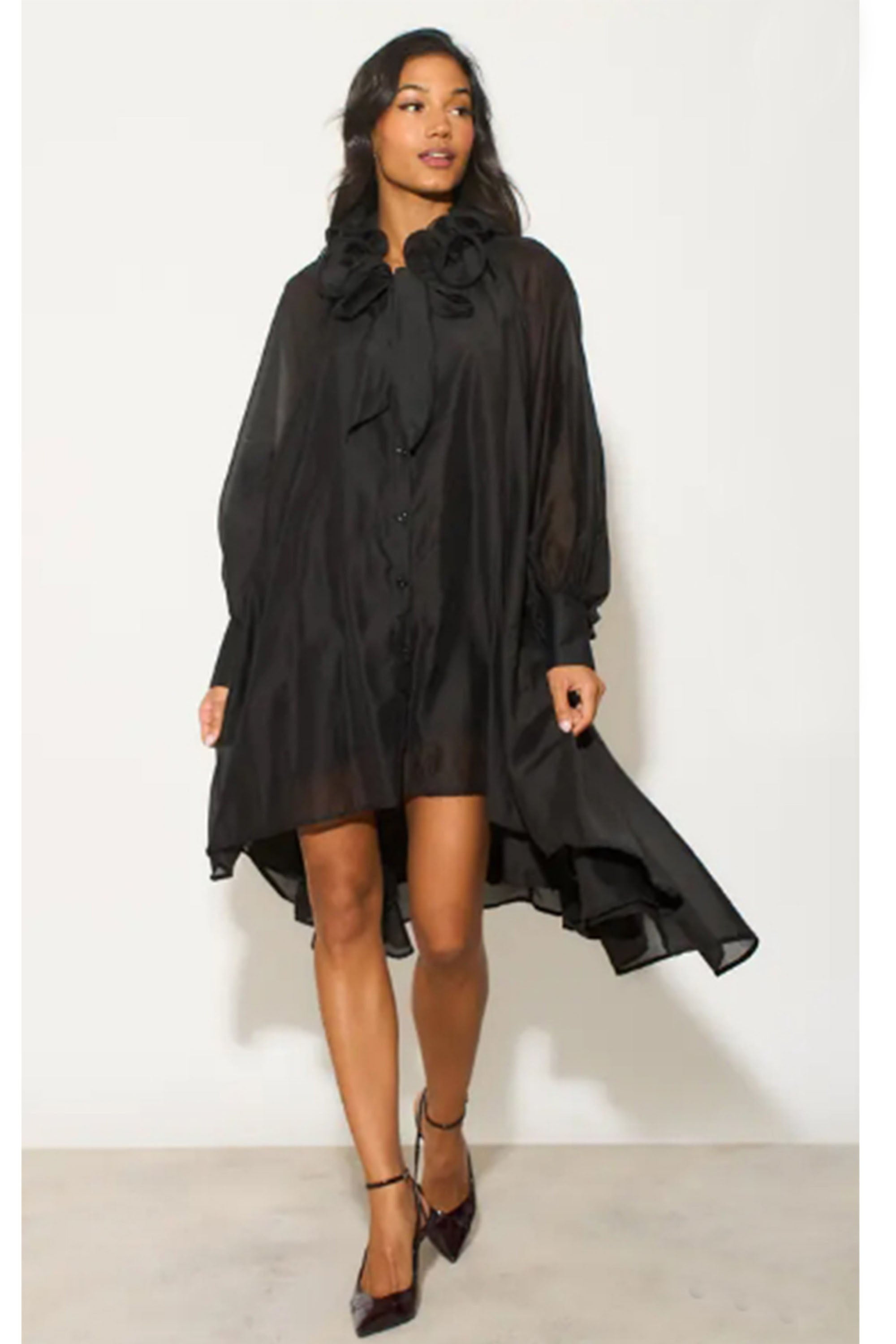 Ruffle Tie Neck Oversized Midi Dress In Black