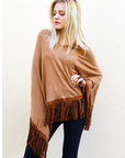 Faux Leather Tassel  Camel Knitted Cape