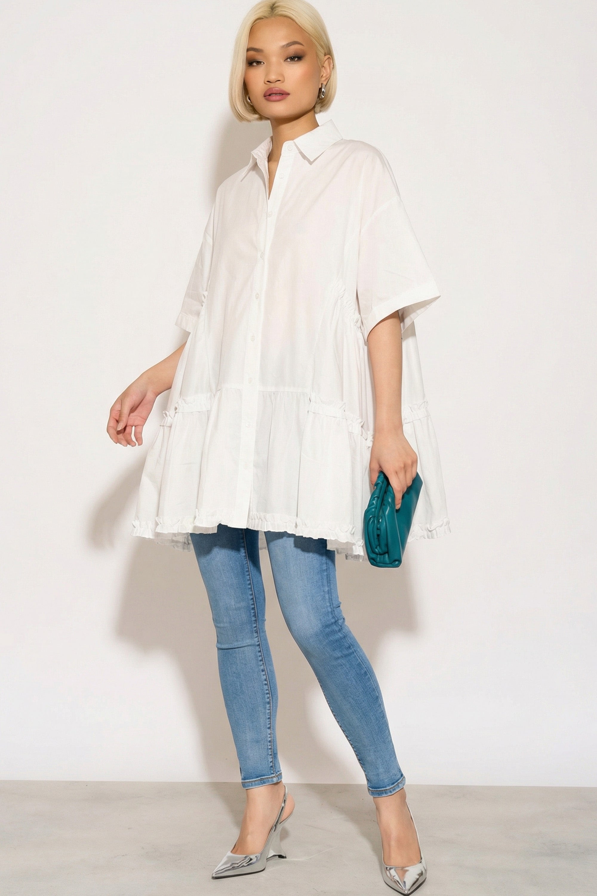 Oversized Short Sleeve Shirt with Frill Detail on Sides in White