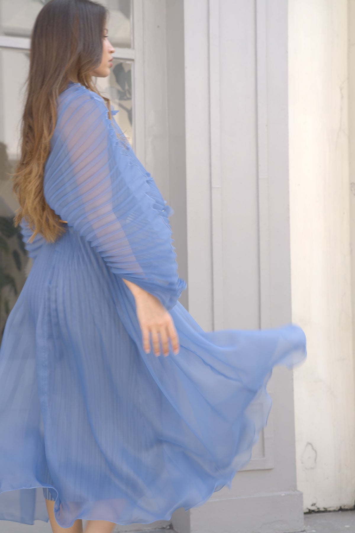 Floral Appliqué Pleated Organza Cape Midi Dress