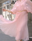 Floral Appliqué Pleated Organza Cape Midi Dress