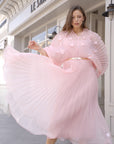 Floral Appliqué Pleated Organza Cape Midi Dress