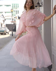 Floral Appliqué Pleated Organza Cape Midi Dress