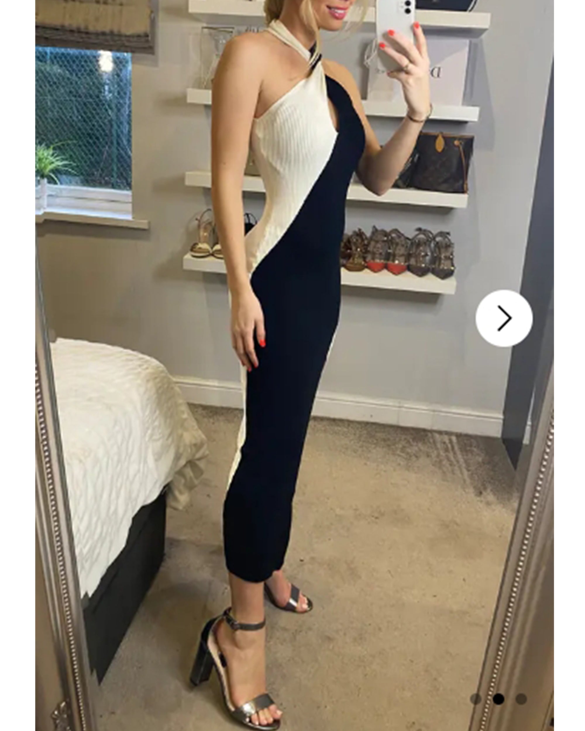 Soft Knitted Ribbed Midi Bodycon twist neck Dress In Black Cream Contrast