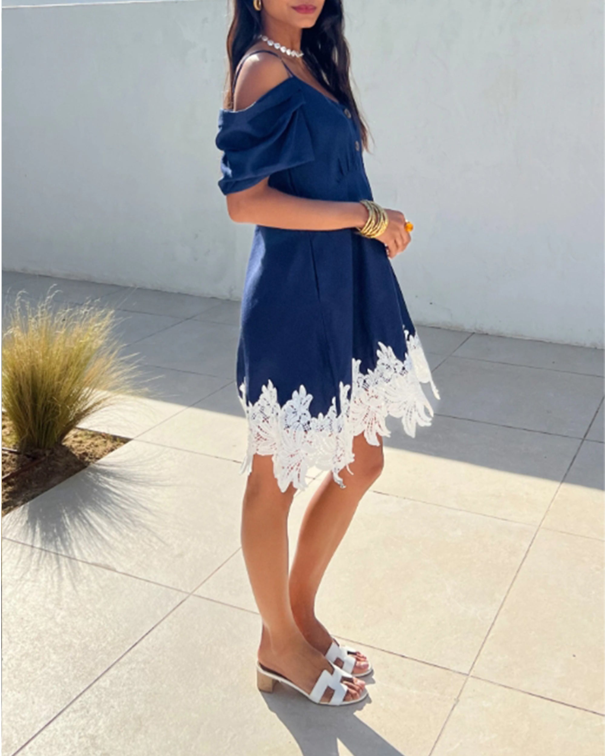 Floral Crochet Lace hem ccold shoulder dress