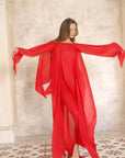Elegant Pleated Cape Sleeve Maxi Dress with Tie Waist in Red
