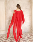 Elegant Pleated Cape Sleeve Maxi Dress with Tie Waist in Red