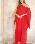 Elegant Pleated Cape Sleeve Maxi Dress with Tie Waist in Red