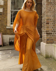 Pleated Wide-Leg Trousers with Adjustable Draped Top Set in Yellow