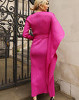 Pleated Maxi Dress with Statement Belt In Fuchsia Pink
