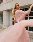 Pleated long dress with organza pleated cape sleeves in Light Pink