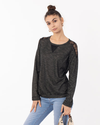 Lace Design On Shoulder  Sweatshirt