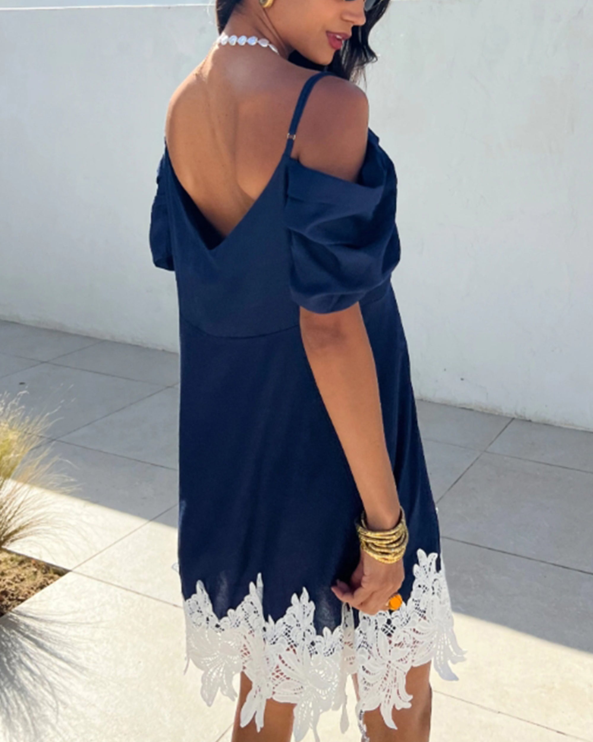 Floral Crochet Lace hem ccold shoulder dress