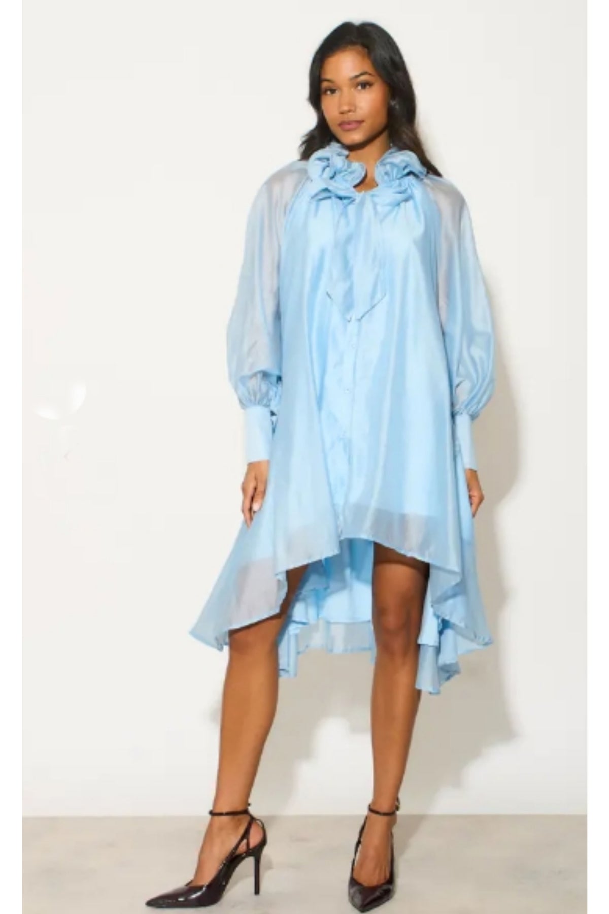 Ruffle Tie Neck Oversized Midi Dress In Blue