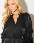 Silky feeling organza midi dress with ruffle design on sleeves and skirt hem in Black